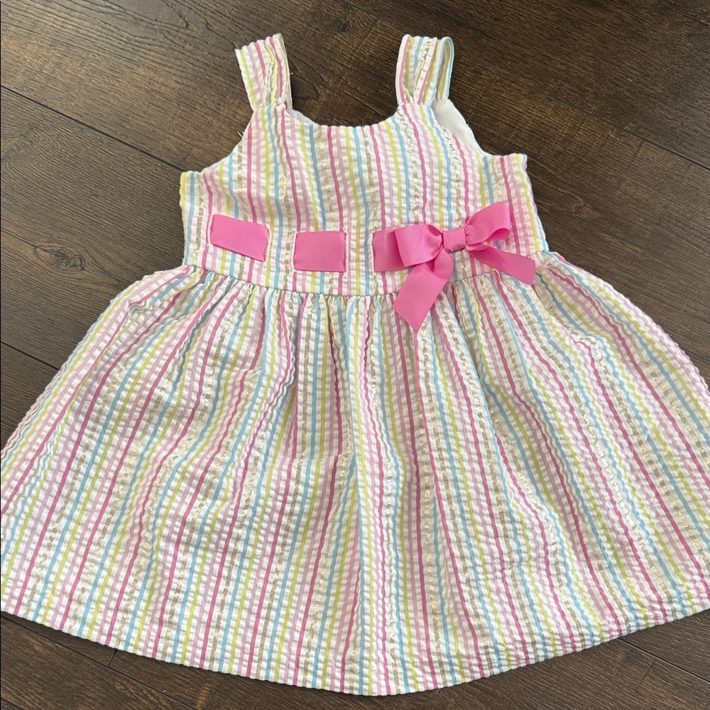 Girls Pink Multi-Stripe Seersucker Dress with Bow - Bonnie Baby - 12 M